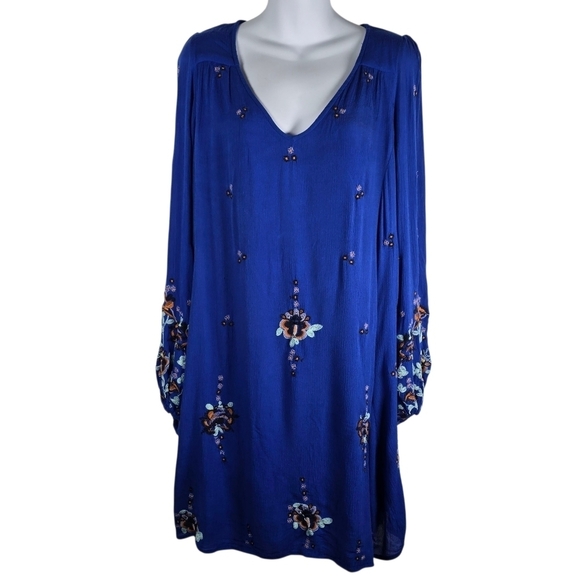 Free People Dresses & Skirts - Free People Women's Boho Blue Oxford Embroidered Balloon Sleeve Dress Size S